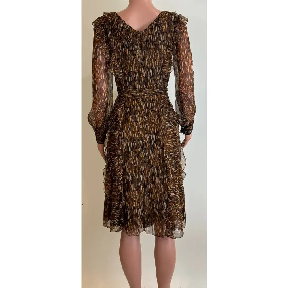 Carolina Herrera Dress Womens 6 Silk Animal Print Ruffle Tie Waist Knee Length - Picture 3 of 15